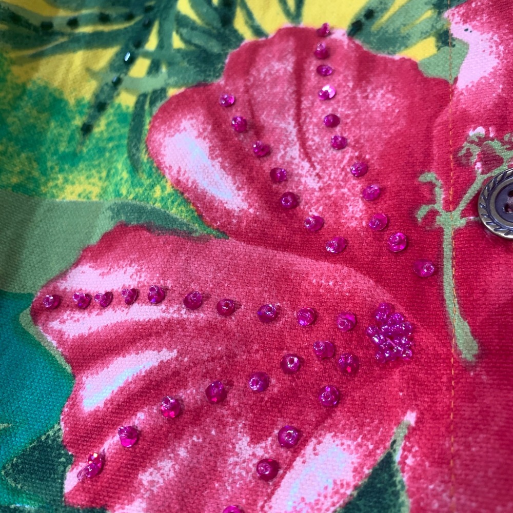 Floral Button Down Jacket Tropical Print Bead Embellished Collared Colorful XL - Picture 11 of 14